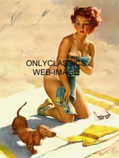 '53 SEXY GIRL SUNBATHING BEAUTY GIL ELVGREN PRINT PINUP CHEESECAKE DACHSHUND DOG