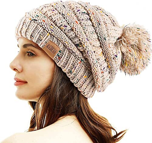 ?Women Confetti Oatmeal Winter Pom Pom Beanie Hat with Warm Fleece Lined XL Oatmeal Pop Pom Pom Beanie Hat for Babies thru Adults  main image 4