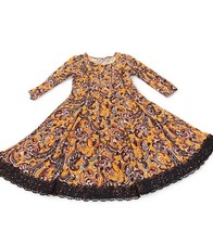 Boho Floral Paisley Print Long Sleeve Dress with Lace Hem