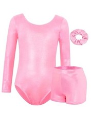 Long Sleeve Leotards for Girls with Sparkly Shorts, 4D Stretch 6-7 Years Pink