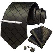 Black Green Plaids Checks Necktie Mens Tie Hankie Cufflinks Tie Pin Set
