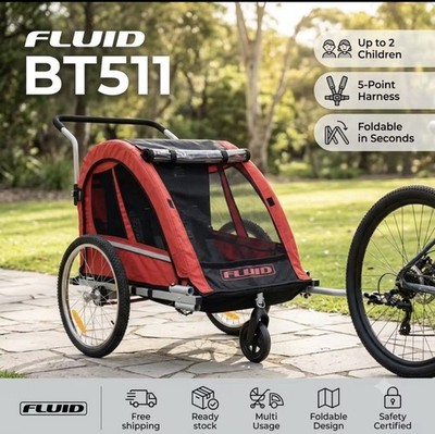 FLUIID BT511 Kinderanhänger 2-Sitzer faltbar Regenschutz Gurt rot/schwarz
