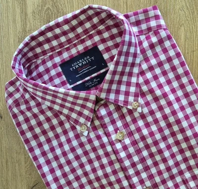 Charles Tyrwhitt "Weekend" Gr. L, Slim Fit, Karomuster Rot, Weiß, Bügelfrei - Bild 1 von 4