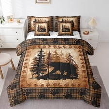 Bear Print Kids Comforter Set 7 Piece Queen Size,Wild Animal Hunt Pine Trees ...