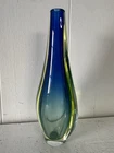 Murano Style Hand Blown Art Glass Blue Green Yellow Vase Vintage, 8” Tall