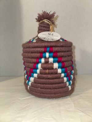 NEW Moroccan Berber Bread Basket Straw Reed Mauve Hand Woven with Lid 9''x5''