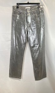 Mango MNG Women's Silver Metallic Coated Straight Leg Jeans Pants Size 4