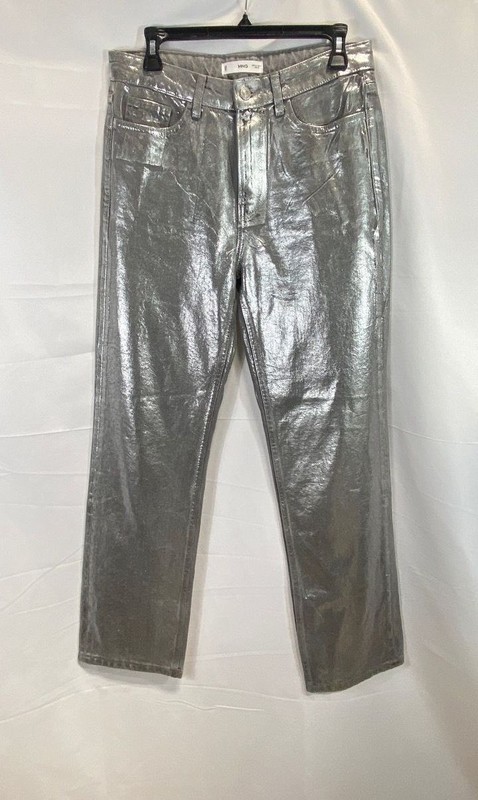 Mango MNG Women's Silver Metallic Coated Straight Leg Jeans Pants Size 4