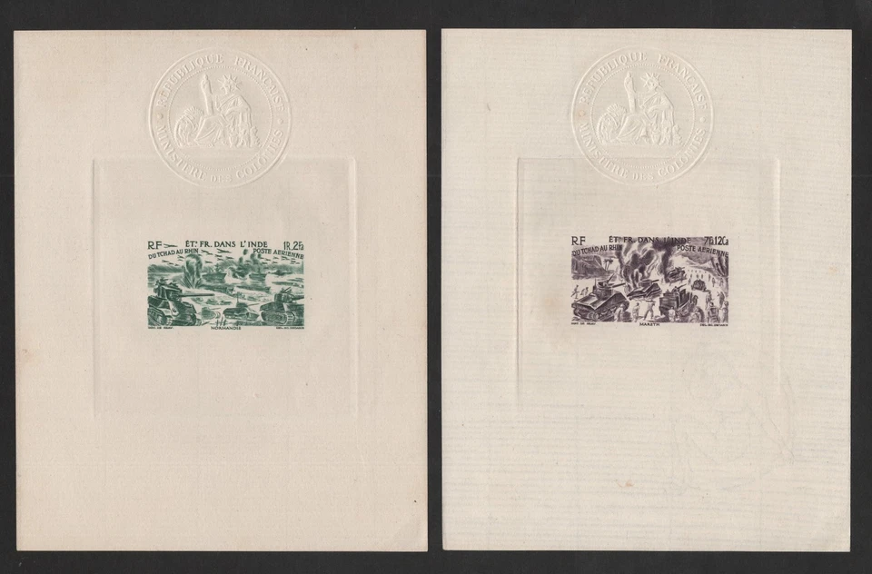 FRANCE INDIA 1946 SIX LARGE SUNKEN DIE PROOFS WITH EMBOSSED SEALS SC. #C8–C13 - Image 2 of 3