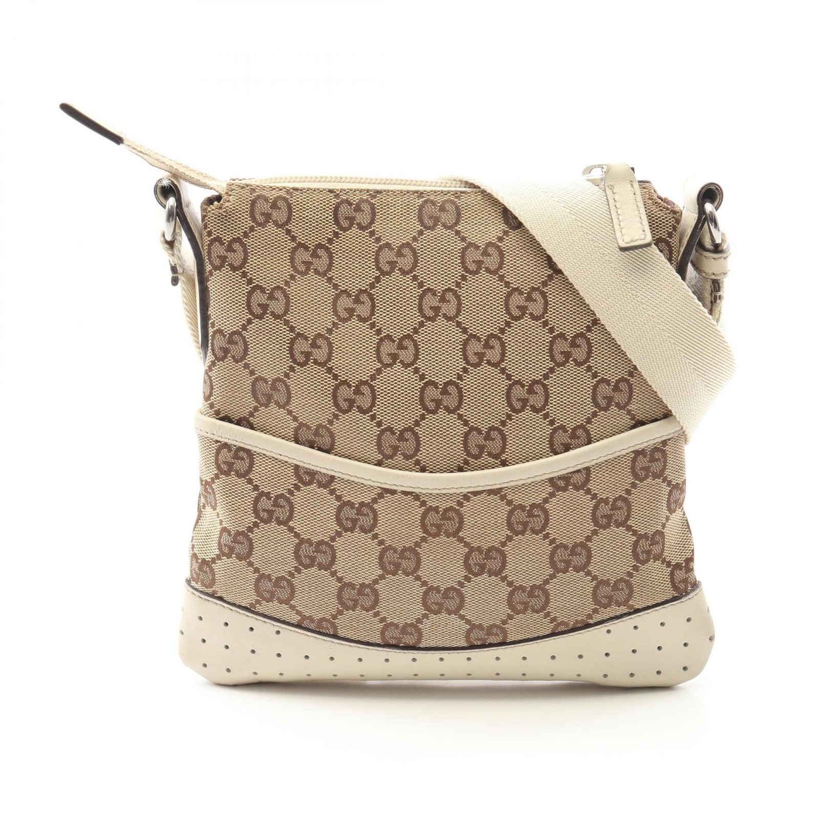 Gucci GG Canvas Shoulder Bag in Beige White Leather for Women Pre-Owned Y0803