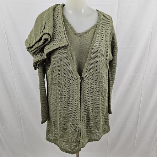 Sandy D'Andrade 3-teiliges Outfit grün offen Strick Shirt Cardigan weites Bein Hose - Bild 1 von 17