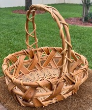 Vintage Oval Woven Wicker Gathering Basket Sturdy Arched Handle