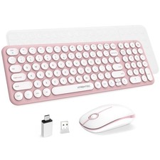 Wireless Keyboard and Combo, Cute Compact -Size Pink Round Keycap, Ultra Thin...