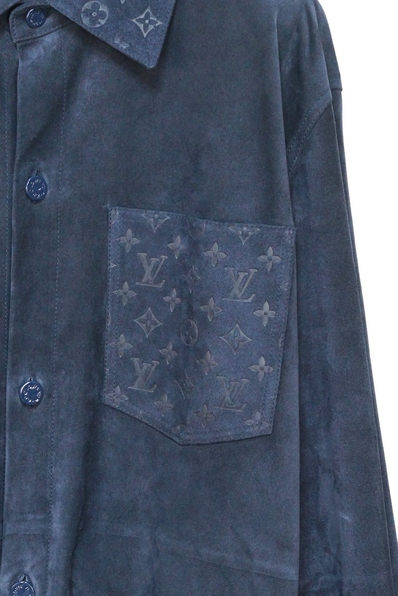 LOUIS VUITTON Suede Leather Shirt Jacket Partial Embroidery Monogram Navy 52 image 5