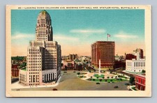 Vintage Buffalo NY Postcard Delaware Ave City Hall & Statler Hotel