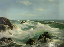 Peter Cosslett - Original Oil Painting - Coastal Scene with Braking Waves.