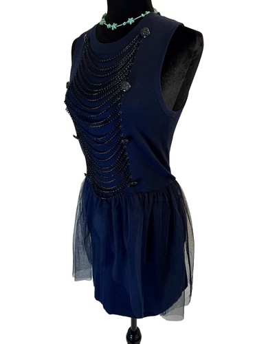 Twelve by Twelve Navy Blue Dress with Chain Accents Retro Punk Rave Dance Mini - Afbeelding 1 van 9