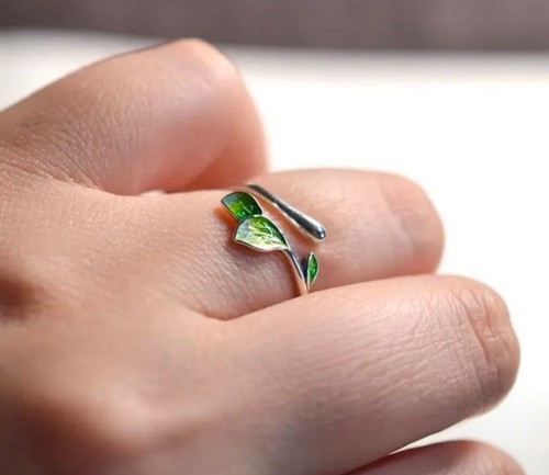 Dainty Nature Green Leaf Tree Women’s Boutique Adjustable Silver Plated Ring ✈️ - Picture 6 of 8