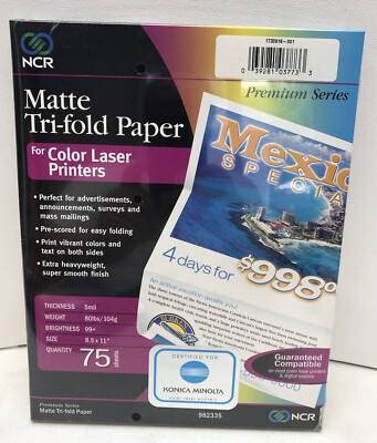 NCR Premium Trifold Brochure Paper Matte 75 Sheet 80lb 5mil Color Laser Printer 