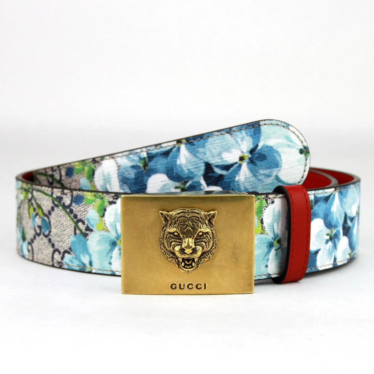Gucci Women s Unisex Blue Bloom Print Belt w Gold Tiger Buckle