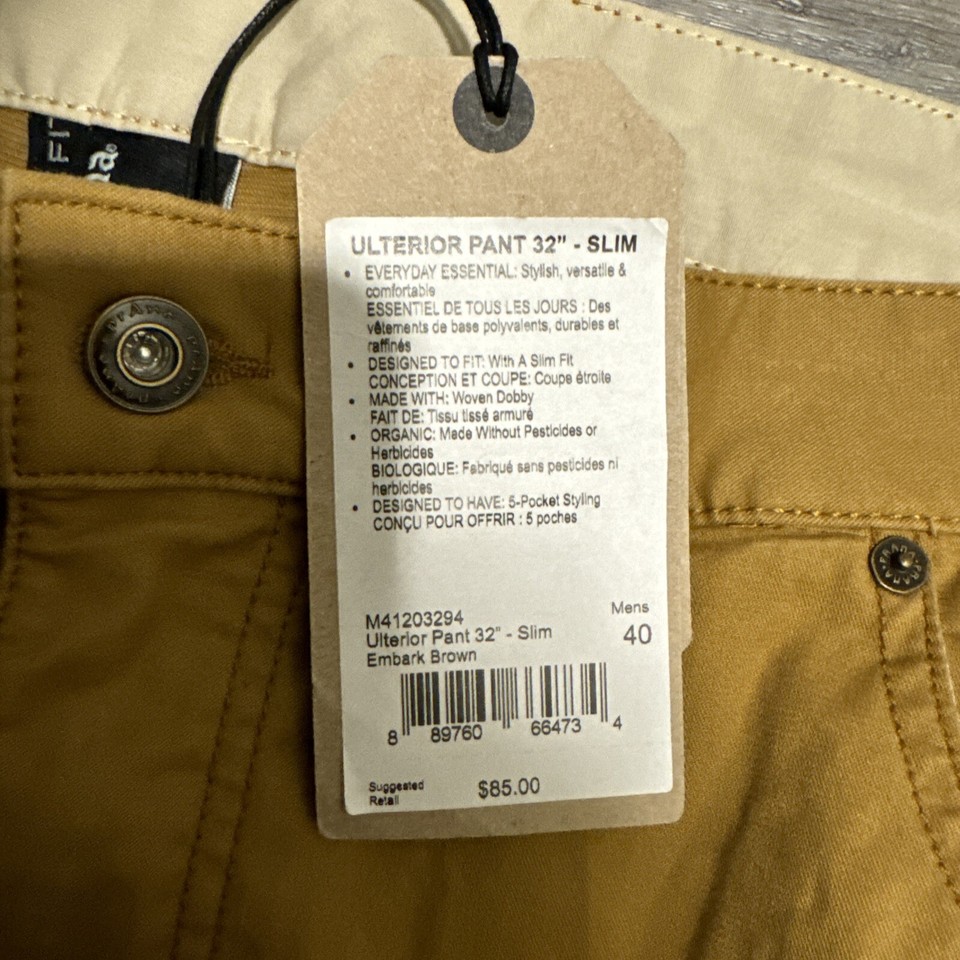 NWT prAna Mens Ulterior Pant Slim Fit 5Pocket Embark Brown Size 40x32