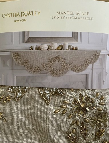 NEW Cynthia Rowley Christmas Mantel Scarf 25 x 83 Gold Beaded Garland - Picture 2 of 4