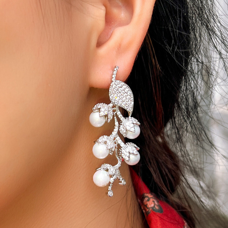 Silver Plated Long Fruit Drop Pearl Earrings Women Cubic Zirconia Bridal Jewelry