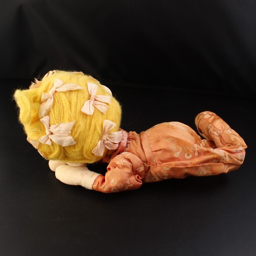 MCM Stockinette Posable Wire Sleeping Nodder Baby Doll 1960s Yarn Hair w/ Bows - Picture 2 of 11