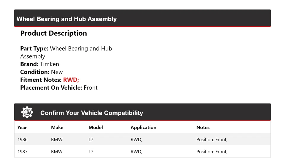 Conjunto de cojinete de rueda y buje delantero Timken para BMW L7 1986-1987 tracción trasera Foto 2 de 4