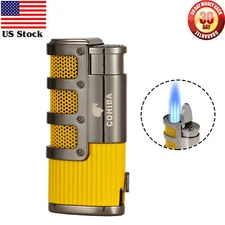 Yellow 3 Jet Torch Flame Cigar Lighter Windproof Refillable Cigar Punch Galiner