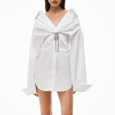 Women Long Sleeve V-Neck Fashion Crystal Tie Front Short Shirt Dress