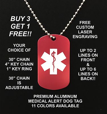 MEDICAL ALERT ALUMINUM DOG TAG NECKLACE FREE ENGRAVING DIABETIC