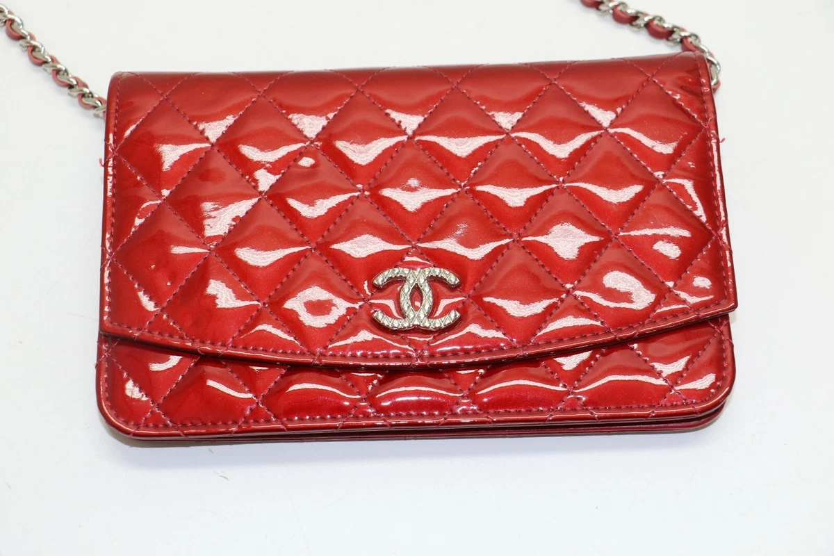 Chanel WOC Patent Leather Wallet On Chain Clutch Bag Red