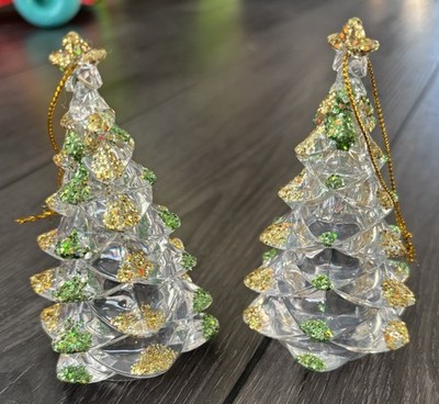 Acrylic Christmas Tree Hanging Green & Gold Tip Sparkle Vintage Style Set 2