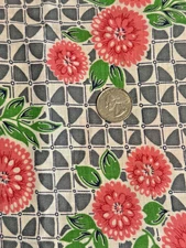 Vintage Flour Sack Fabric Pink Floral Gray Square Pattern 1930s Antique 21”x 36”
