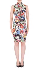 Joseph Ribkoff Multi-Colored Printed Micro Twill Zip Front Sleeveless Dress