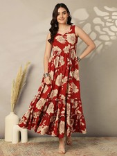 Indian Women Maroon Cotton Floral Printed Anarkali Flared Kurta Kurti Long Dress