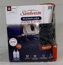 Sunbeam Electric Heated Bed Blanket Navy Soft Microplush 12 Heat Settings Queen