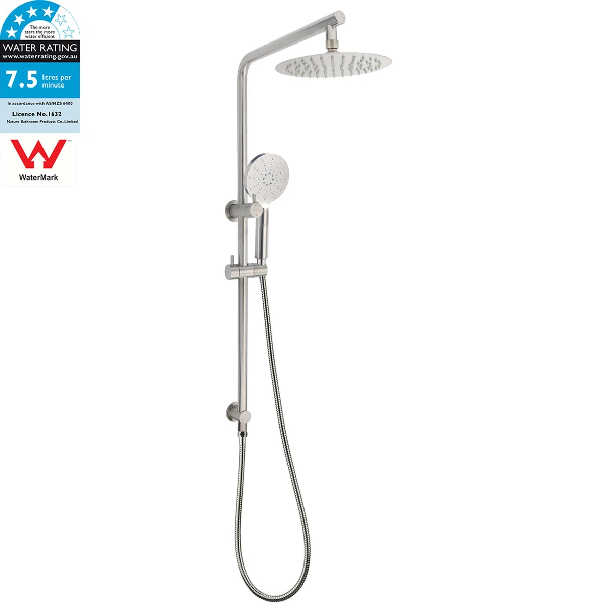 WELS Brushed Nickel Round Twin Set 8" Rain Shower Head 3 Mode Handheld Rail Arm