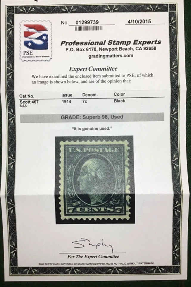 Scott 407 7c Washington Black Superb Used Gem PSE Graded 98 (1914) - Image 4 of 4