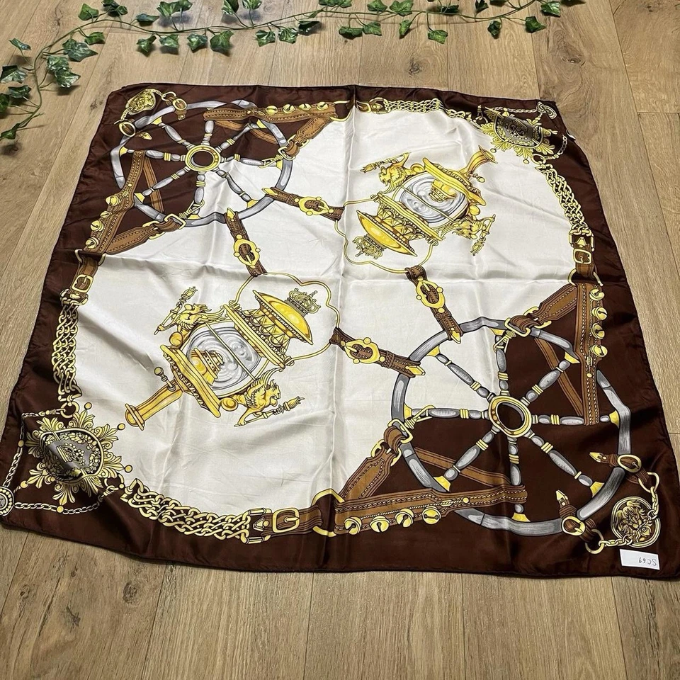 VINTAGE BROWN & GOLD SCARF-PRINT SCARF HEADSCARF FRENCH MADE IN FRANCE (sc69) - Image 2 of 4