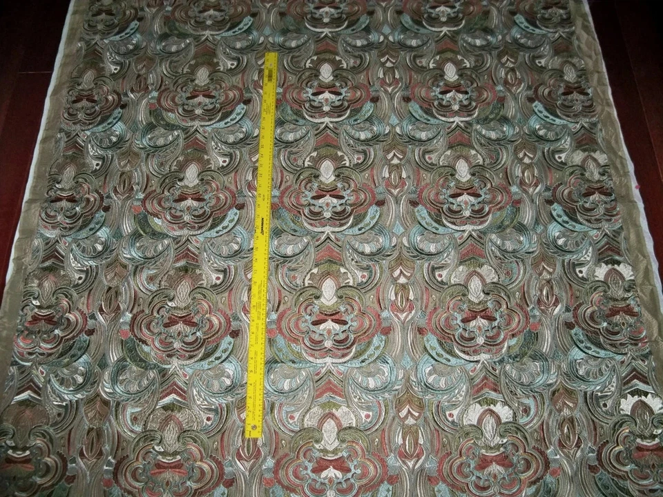 TAPESTRIA TAJ MAHAL MEDALLIONS EMBROIDERED SILK FABRIC 6 YARDS BROWN CREAM AQUA - Image 2 of 4