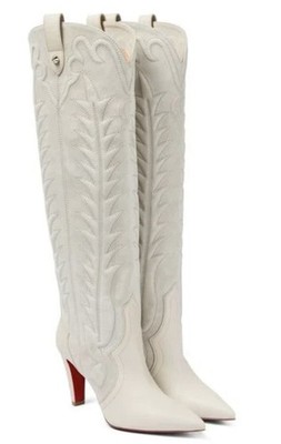 Christian Louboutin Womens White Santia Botta 85MM Suede Leather Boots Size 38