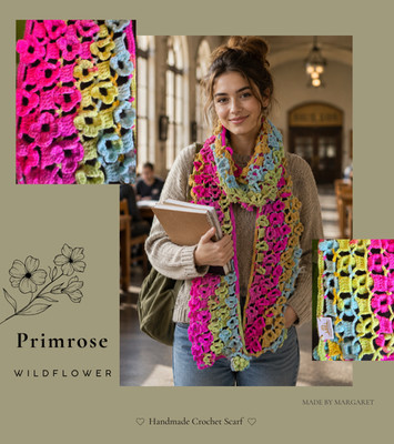 Handarbeit Häkel Schal Rosa Blumen Primel Wildblume Boho Frauen Geschenk Lang Halstuch