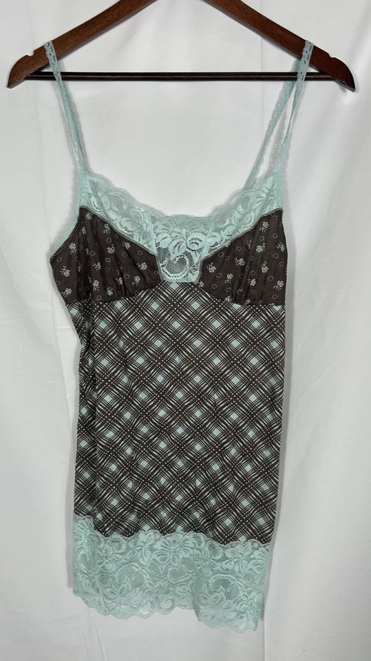 Vestido sin mangas Babydoll largo con ribete de encaje Y2K Preppy delicado marrón a cuadros hada grunge XL Foto 4 de 4