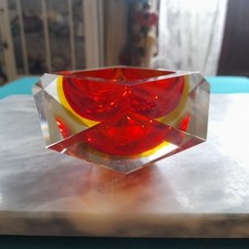 Murano Sommerso Glass Mid-Century Ashtray with Faceted Aesthetic in Amber Red