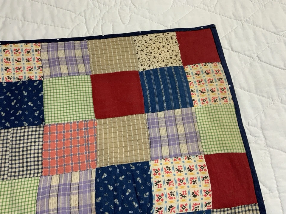 Antique Vintage Patchwork Quilt Table Topper, 4 Patch, Early Calicos, Red, Blue - Image 2 of 4