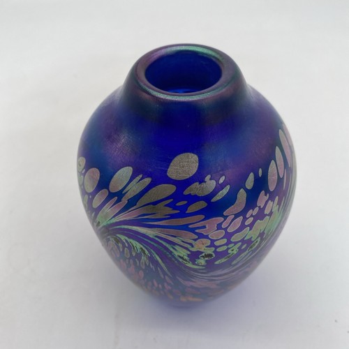Maytum Studios Hand Blown Vase Blue Art Glass Iridescent Oil Spill ~5.5” - Picture 12 of 23