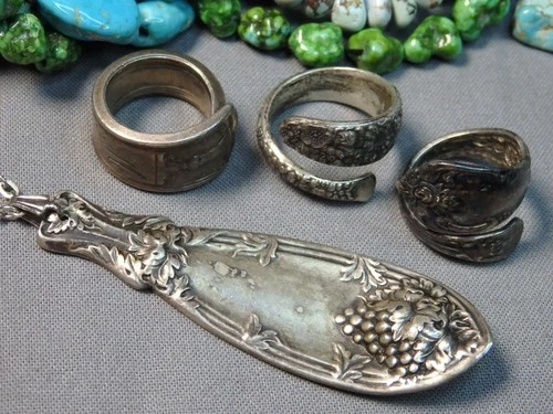41g LOT of Vintage solid STERLING Silver SPOON RINGS & SPOON PENDANT