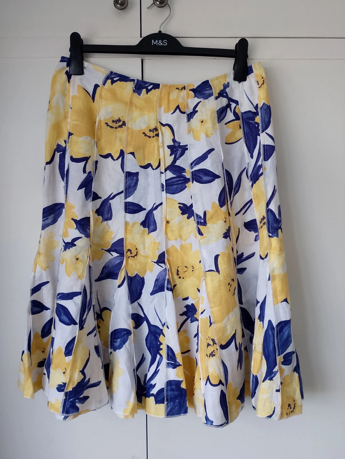 Vintage Per Una Pure Linen Flare Skirt Summer Floral Yellow And Blue Size 14